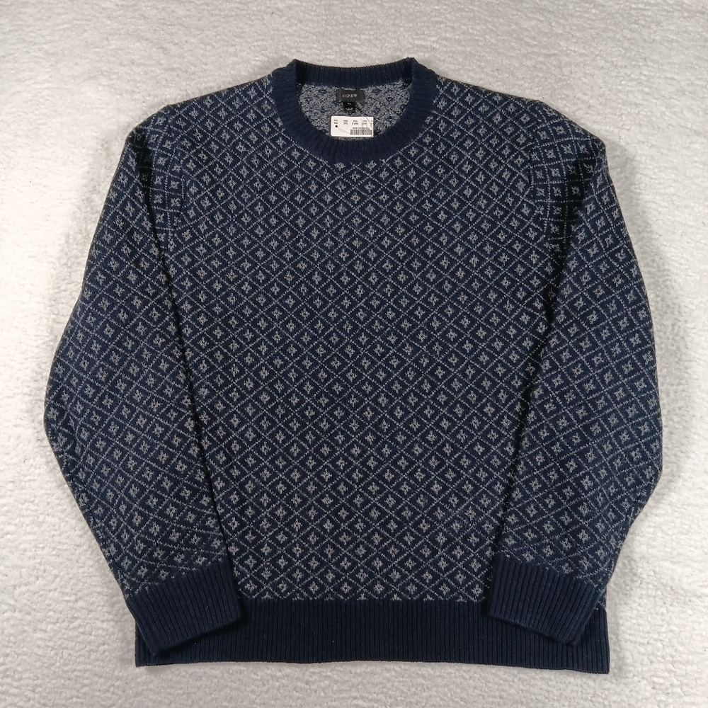 J Crew Sweater Mens XL Blue Lambswool In Nordic Grid Crew Neck Fisherman NWT